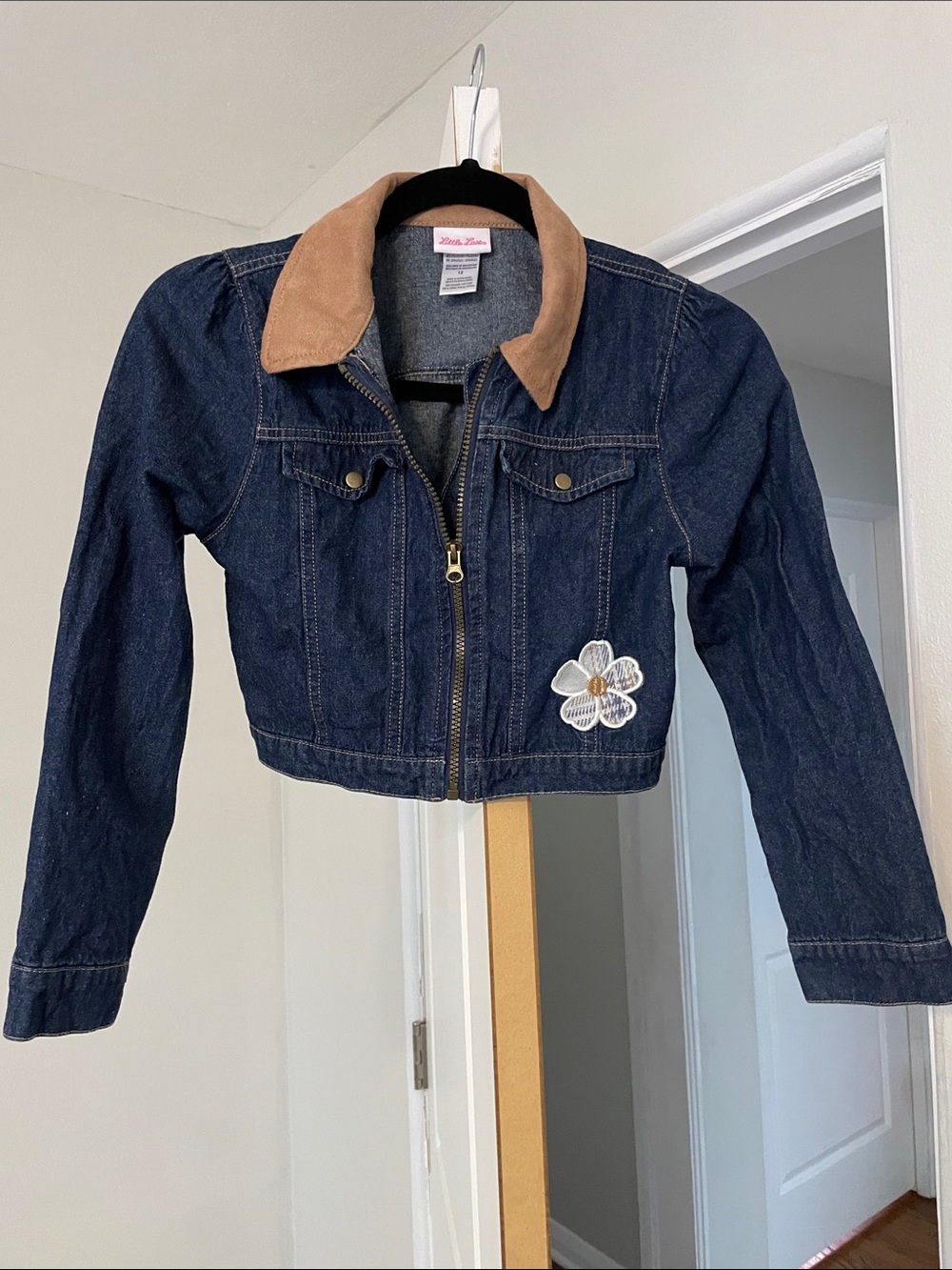 Girls' Dark Blue Denim Jacket with Tan Collar